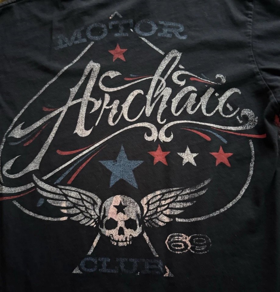 Camiseta De Colección Arcaic Affliction Motor Club Para Hombres M Bandera Calavera Hecha en EE. UU. Y2K Camiseta Foto 3 de 4