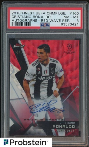 2018 Topps Finest UCL Soccer Red Wave Refractor Cristiano Ronaldo AUTO 4/5 PSA 8
