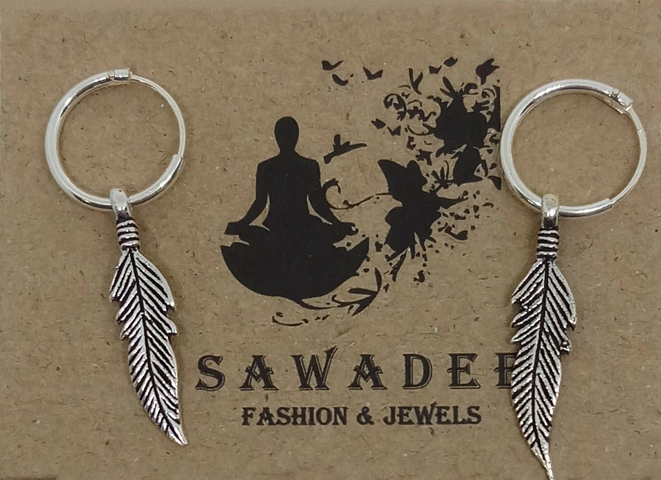 Orecchino uomo donna cerchio argento 925% piccolo cerchietto con piuma pendente - Immagine 2 di 4