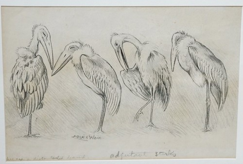 LOUIS WAIN ~LARGE ORIGINAL SIGNED GRAPHITE DRAWING "DISCONTENTED BAND OF STORKS" - Picture 5 of 20