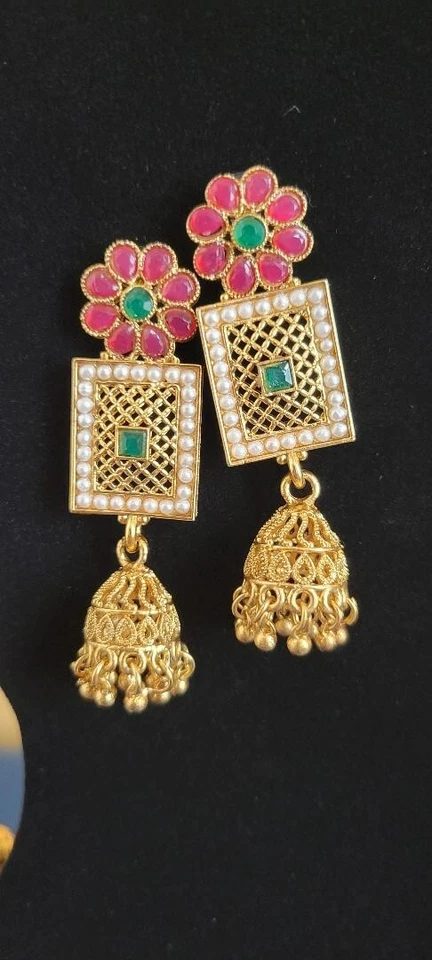 Indian Jewelry Gold Plated Matt Finish Long Necklace Bollywood Bridal Kundan Set - Image 3 of 4