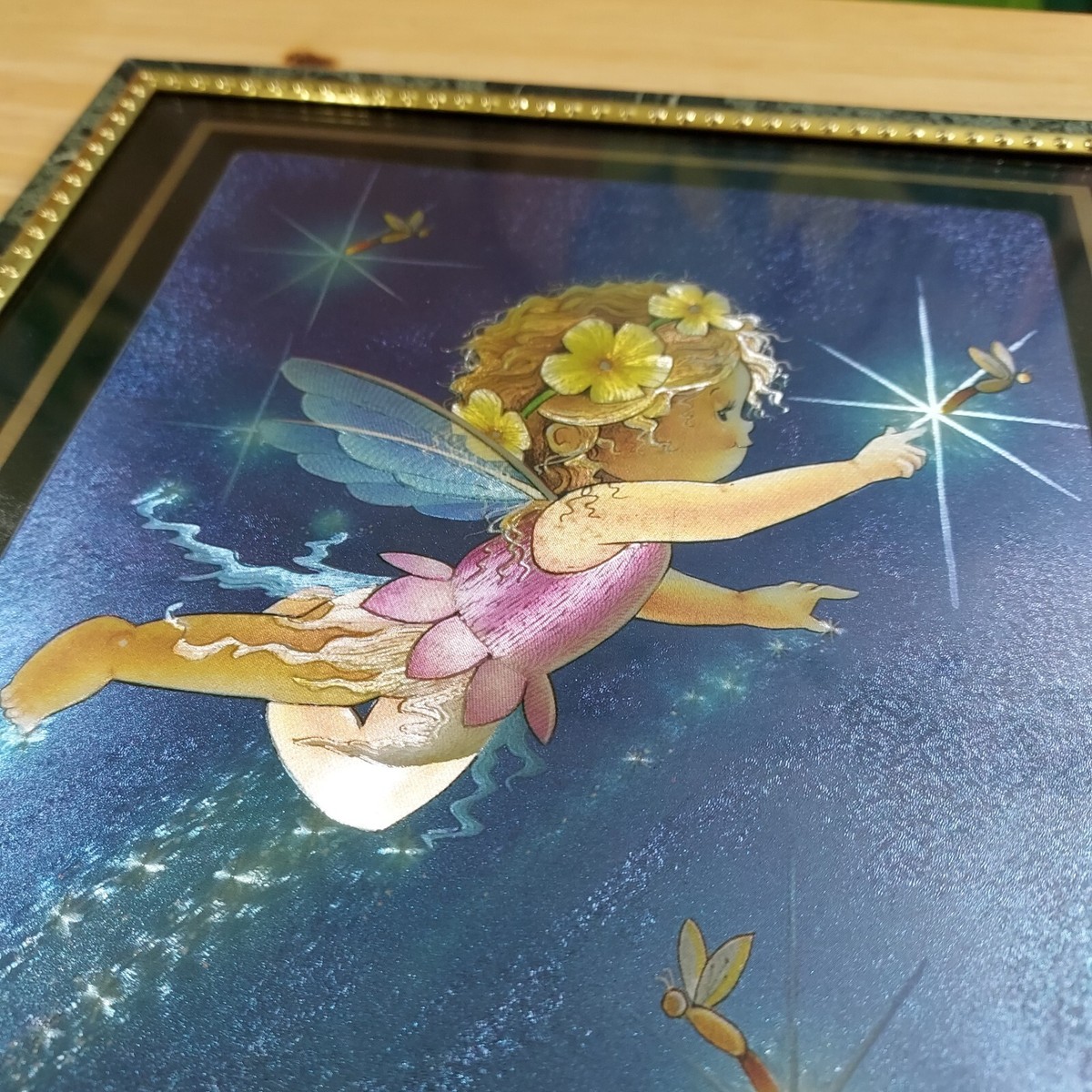 Vintage Foil Art Fairy Pixie And Firefly Framed Picture Foil