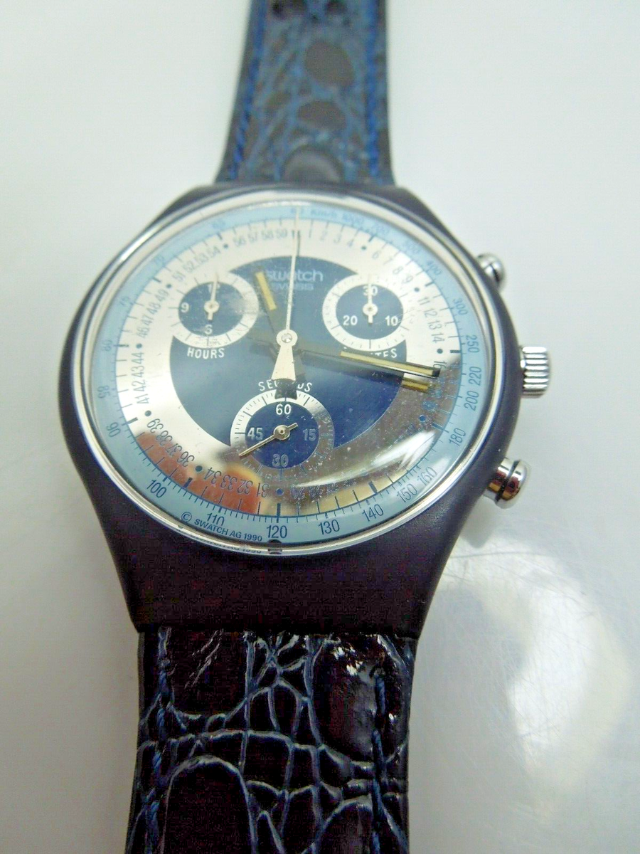 s758 1992 Swatch Watch Silver Star Chrono Leather SCN102 w