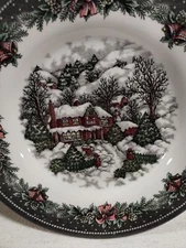 Royal Stafford SNOWY CABIN DESSERT SALAD PLATE s/6 Christmas Village England NEW