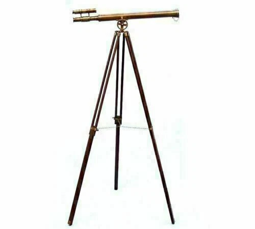Antiguo telescopio náutico de pie de latón de 39 pulgadas con soporte de trípode de madera Foto 2 de 4