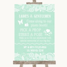Green Burlap  Lace Pick A Prop Photobooth Personalised Wedding Sign