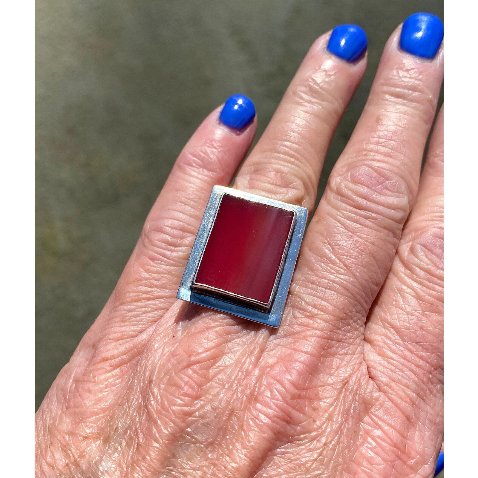 Sterling Silver Rectangular red Agate Ring, Modern - image 2