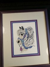 Vintage Needlepoint Horse White blue Color And Professional Framework 95 Signed