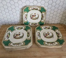 Rare Vintage Myott Chelsea Bird Green Square Plates - Set Of 8 