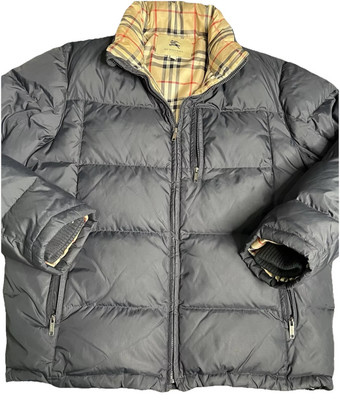 Burberry Puffer Down Jacket Black Mens Zip Up XL Lennon Nova Check Line