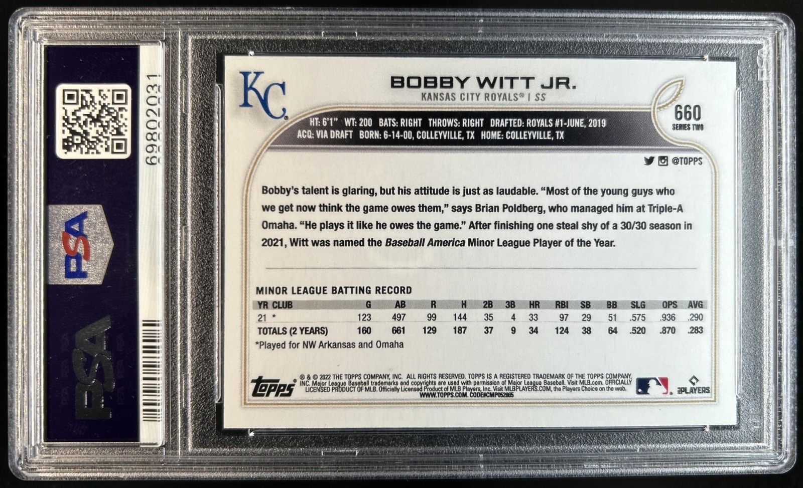2022 Topps Bobby Witt Jr. Rookie SP RC VAR #660d Royals PSA 10 GEM MINT view 2