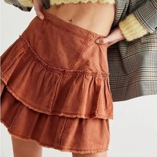 Free People Ruffles In The Sand Terracotta Tiered Mini Skirt Frayed Hem Boho 6