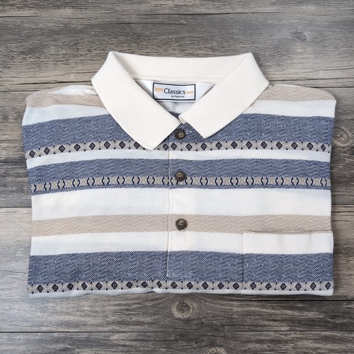 Vintage 1980s Palmland Men’s Striped Polo Shirt XL Blue White Golf Retro Casual - Bild 3 von 10