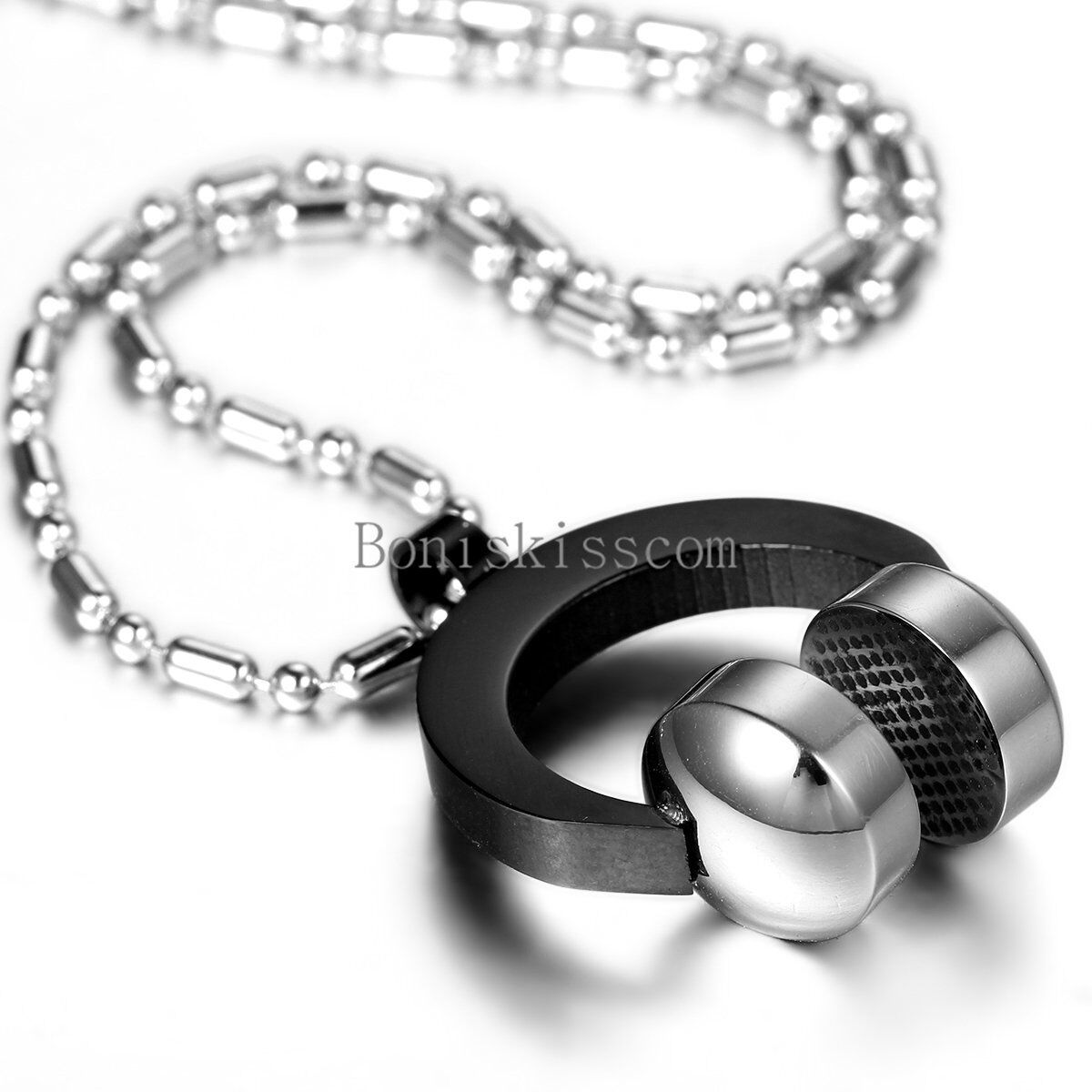 Mens Black Silver Stainless Steel DJ Headphone Pendant Music Necklace Chain