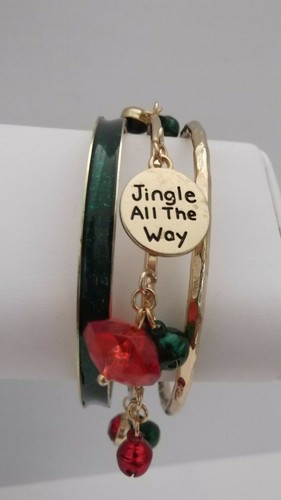Gold, green and red beaded 3 bangle 7" charm bracelet set - Picture 3 of 3
