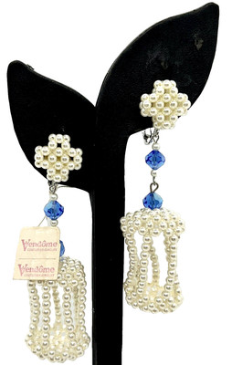 Fabulous Vendome Earrings, 3'' long Cages of Pearls! Blue Rhinestone Extenders