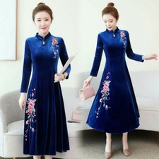 Womens Floral Velvet Cheongsam Chinese Style Embroidery Slim Fit Qipao Dress
