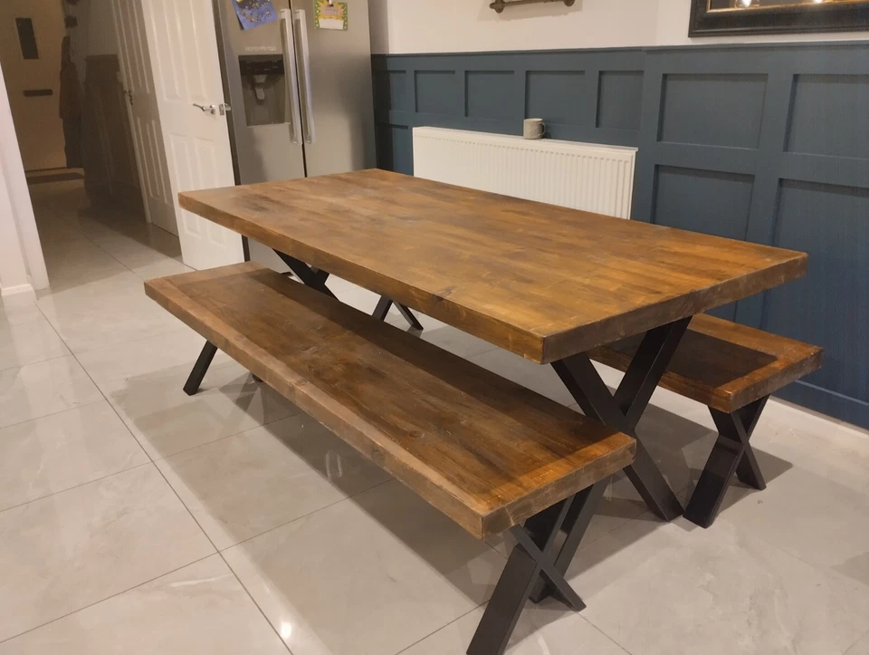 Solid Wood Chunky Rustic Dining Table & Benches - Image 3 of 4