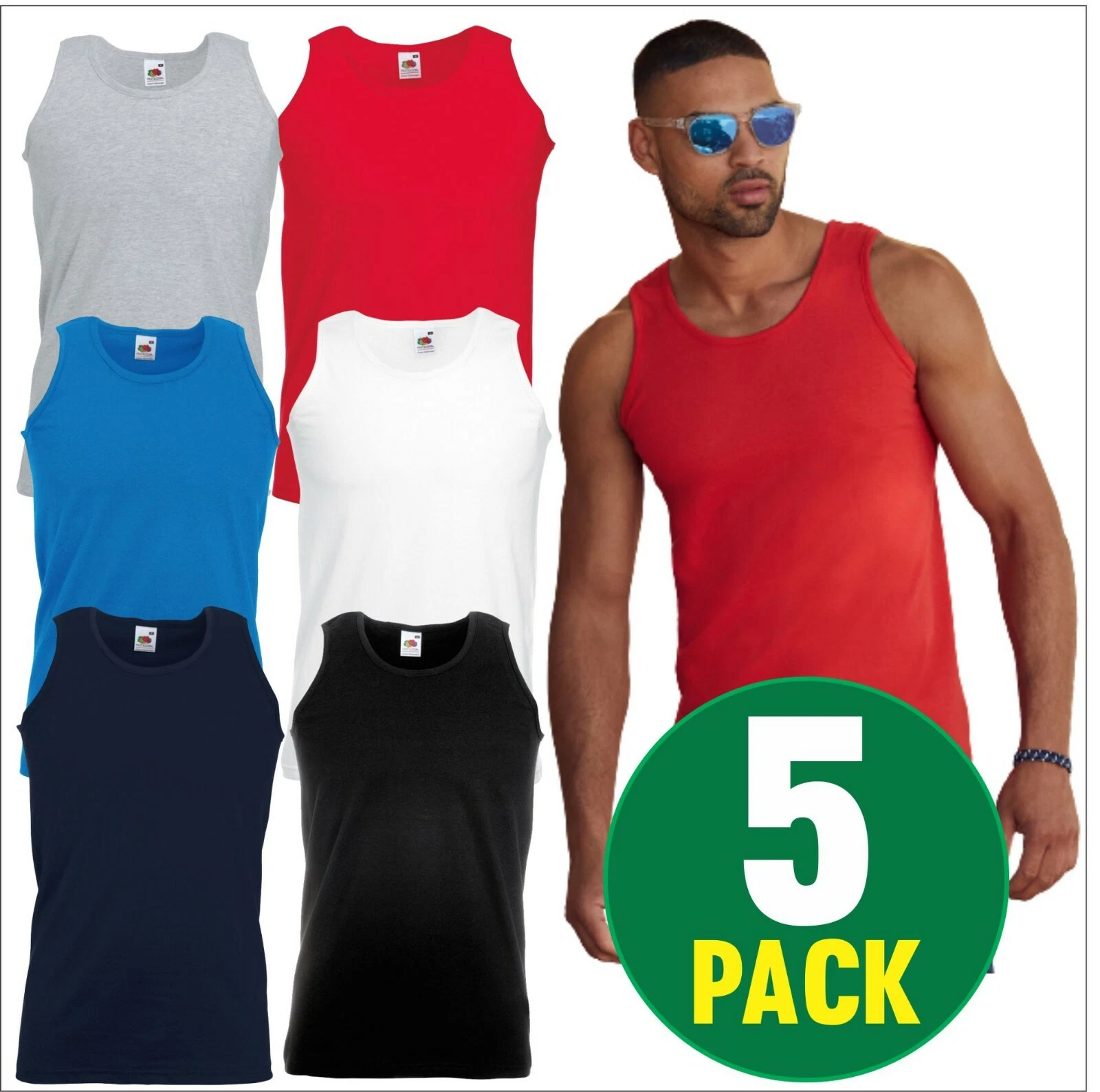 5 PACK Fruit of the Loom Men's Value weight Athletic Vest Tops Summer Vests Tee
Opens in a new windo