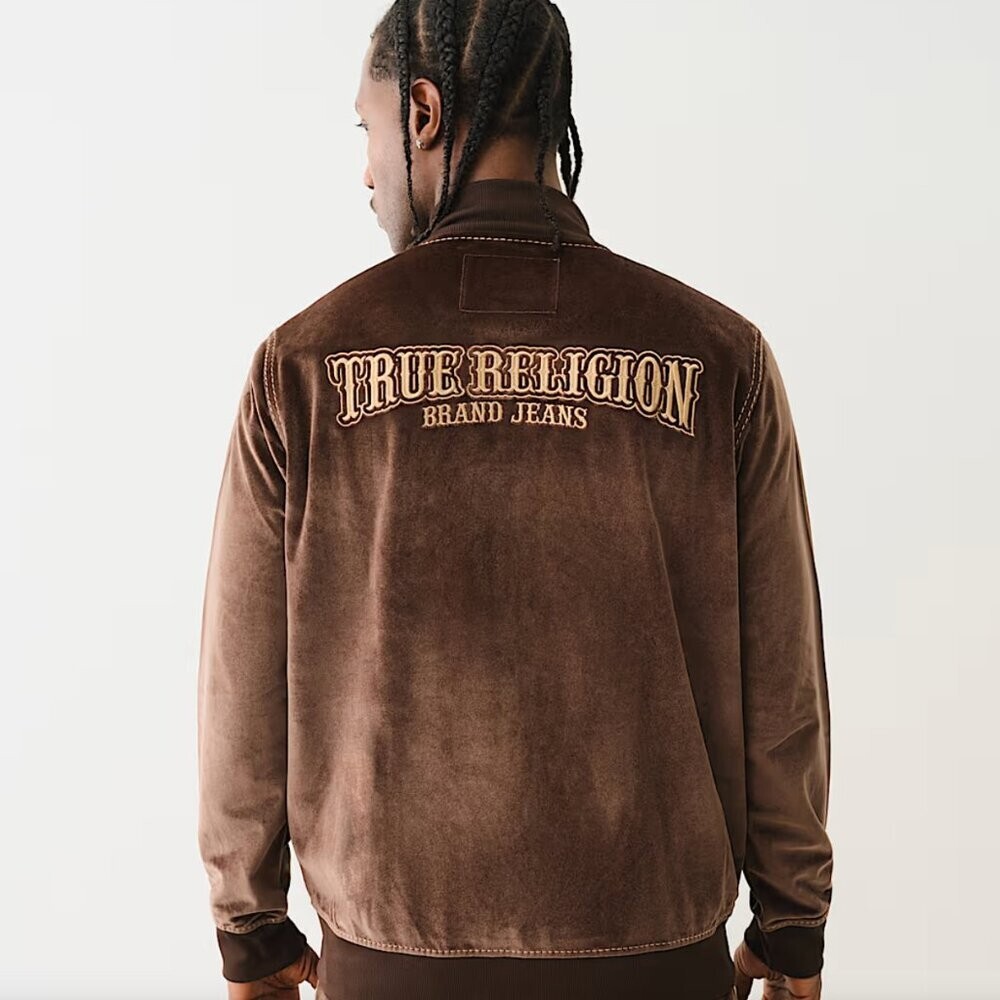 NWT TRUE RELIGION MEN’S BIG T VELVET MOCK NECK ZIP UP JACKET BRACKEN/GOLD thumbnail 5