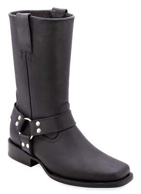 Men Genuine Leather Harley Harness Biker Square Toe Black Boots Handcrafted