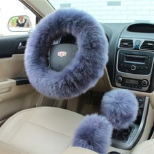 3pcs Car Steering Wheel Cover Furry Fluffy Universal Fur Wool Thick Black Pink