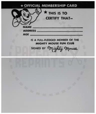 MIGHTY MOUSE CLUB MEMBERSHIP CARD - VINTAGE REPRINT