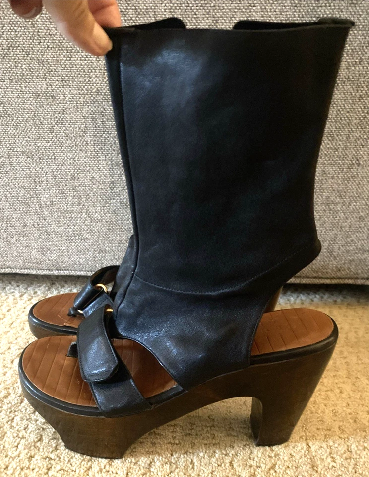 CHIE MIHARA 38 Black Leather Platform ANKLE Wrap BOOTIES Open Toe Heels $498 - Image 4 of 4