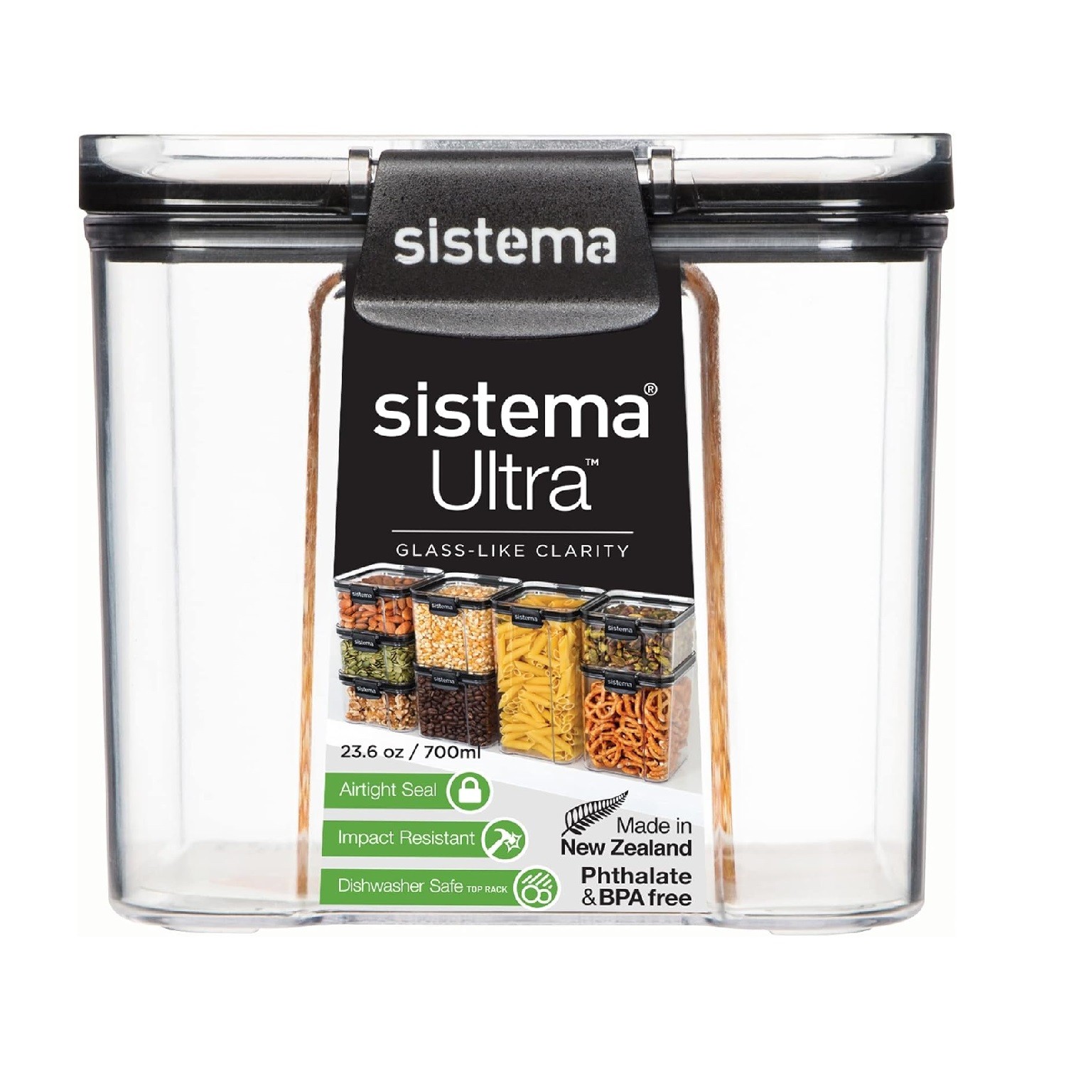 1x Sistema Tritan Ultra Square Food Storage Container Black 700ml-23.6oz
