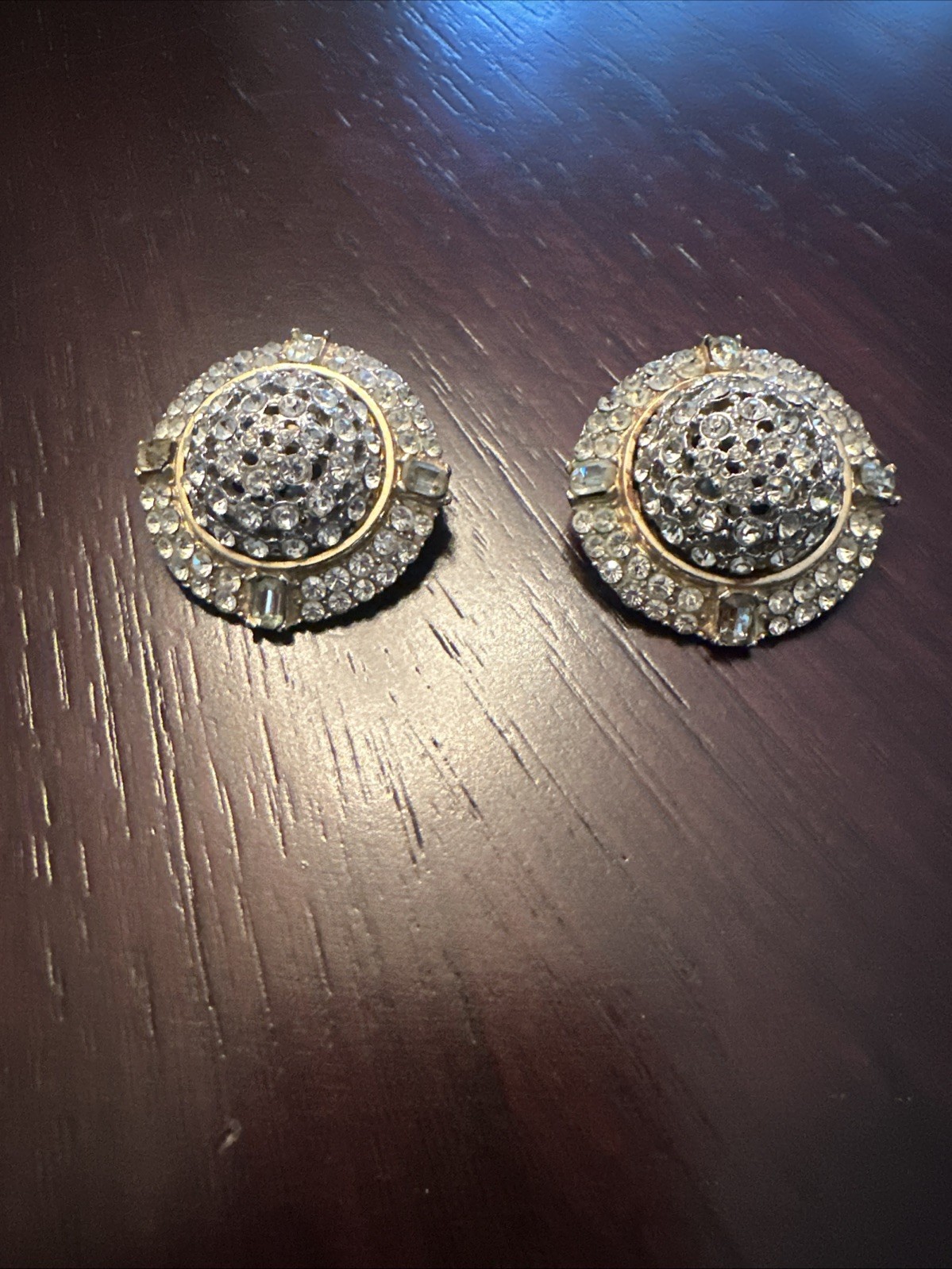 Valentino 80s Huge Pave &  Baguette Rhinestone Gold Metallic Domed Clip Earrings