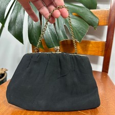 Vintage Black Evening Clutch Gold Chain Kiss Lock Formal Cocktail Purse