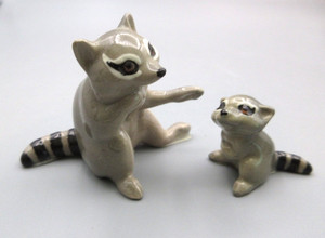 Vintage Retired Hagen Renaker 2 Raccoons - Mama Arm Out & Baby Masked Grey