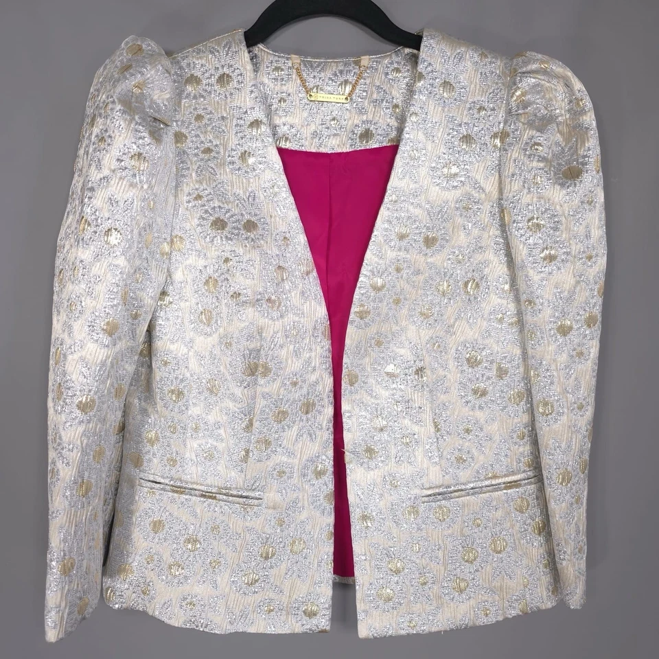 TRINA TURK New Carrington Shiny Blazer Size 4 Metallic Daisy Jacquard Jacket - Image 4 of 4