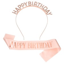Birthday Crown and Sash Birthday Sash for Women Rhinestone Tiara Pink-Rose Gold