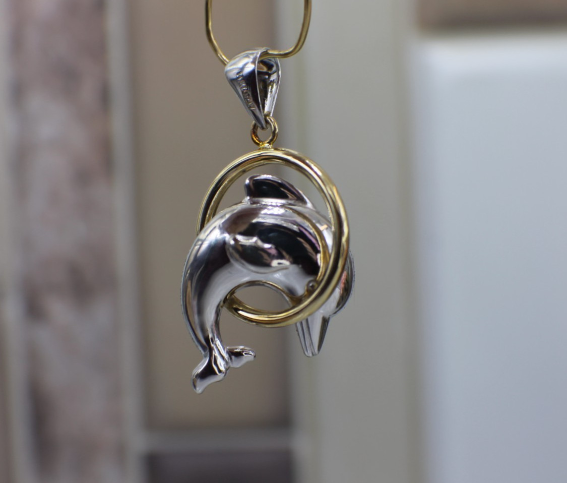 Solid 14K Two-Tone Gold Jumping Dolphin Glittery … - image 7