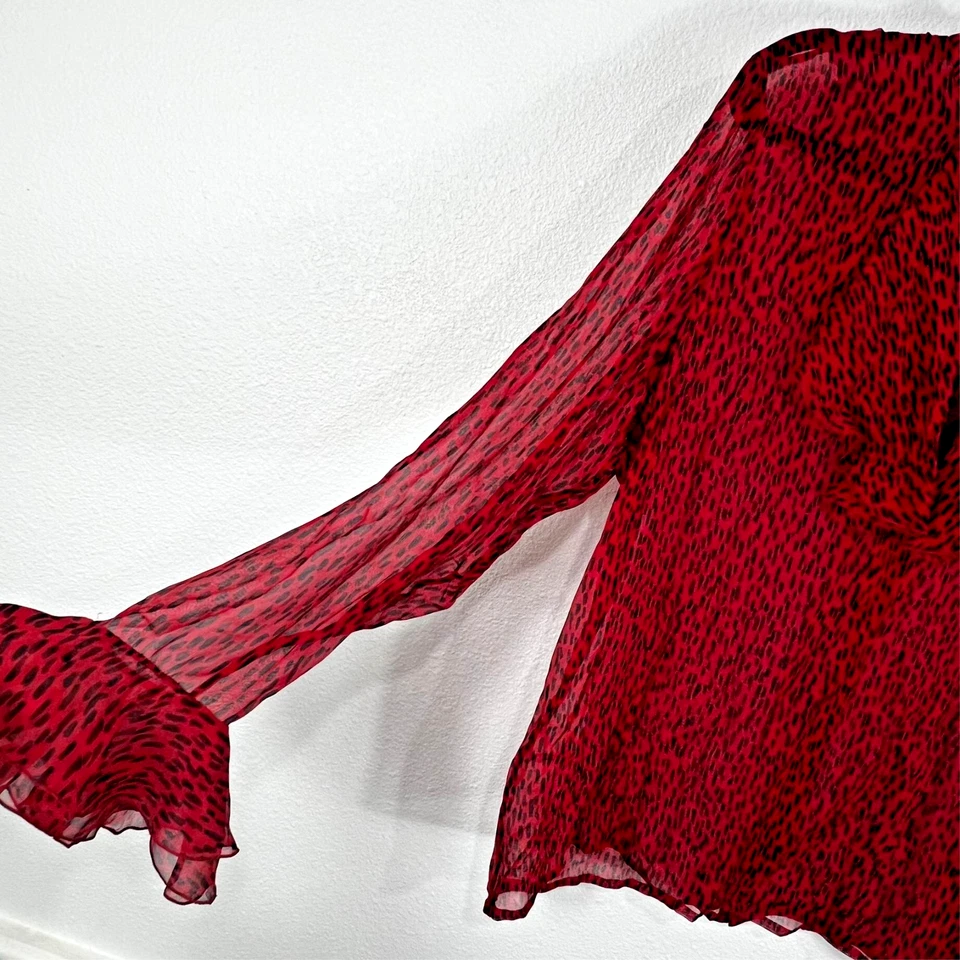 Vintage Guy Laroche Red Silk Blouse Women's 42, US 12 France Sheer Bell Sleeve - Image 2 of 4