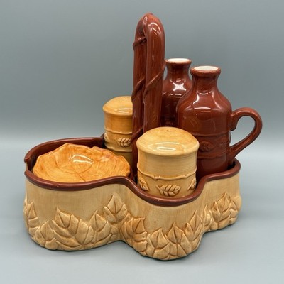Portmeirion PS Studio DUET Brown Leaves Fall Cruets Salt Pepper 9 pc Dipping Set