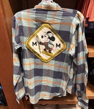 Disney Parks Expedition Mickey Mouse Flannel Shirt Plaid Button Up Hiking Patch