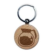 Coffee Pot Engraved Wood Round Keychain Tag Charm