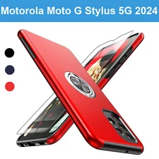 For Moto G Stylus 5G 2024 Hybrid Magnetic Ring Kickstand Case + Tempered Glass