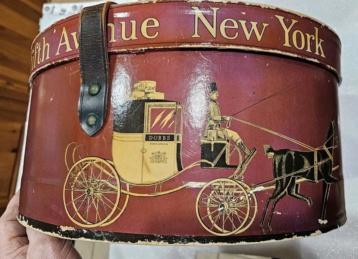 Vintage Dobbs Fifth Avenue Hat Box Horse + Buggy Women’s Mink Hat & Hat Block Vintage Rectangle Dobbs Hat Box, Black Yellow Mens Hat Box  main image 4