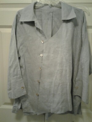 Heydari Shirt Top 1X Lt Blue Assymetrical Buttons 3/4 Sleeve 100% Linen USA EUC