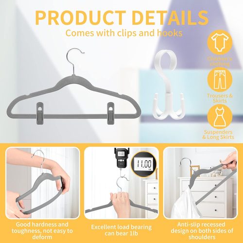 30 Pack Toddler Velvet Hangers, Gray Non-Slip Kids Space Saving Felt Baby Hanger - Afbeelding 3 van 7
