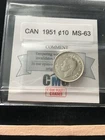 1951  Coin Mart Graded Canadian,  ¢10  Cent, **MS-63**