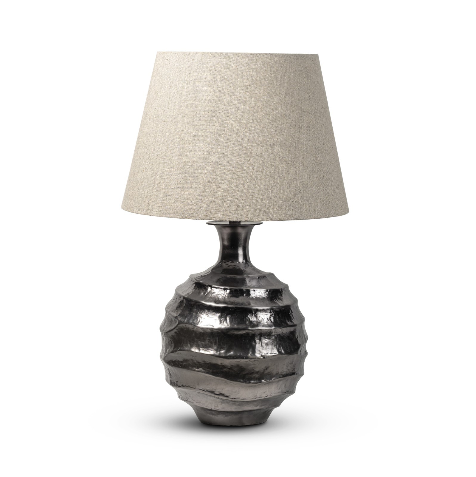 Lamp Large Grey LivingRoom Bedroom Bedside Table Silver Round Metal Fabric Shade