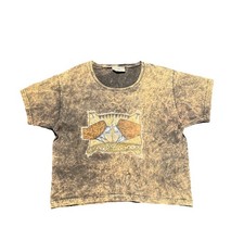 1990s Crop T-shirt Acid Wash Native Buffalo Graphic M Boxy Vintage Cotton Brown