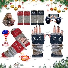 2PCS Knitted Fingerless Gloves for Women, Cute Cat Embroidery Cozy 20 OFF