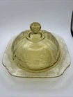 Vintage Amber Glass Covered Butter Dish Domed Lid Square Tray Scroll Pattern