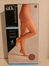 Silk Impressions Pantyhose,  Small Cocoa, Sheer Control Top High Waisted 4 Pair