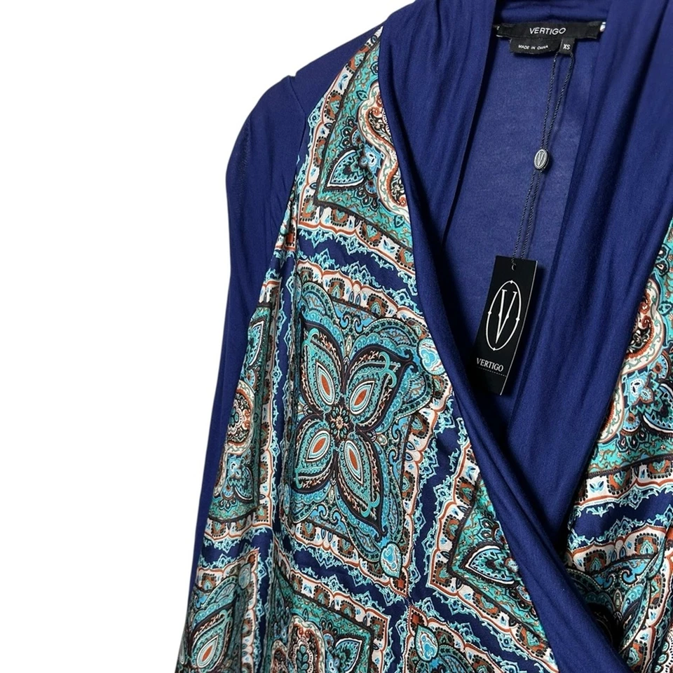 NWT Vertigo Women's Paisley Love/Royal Blue High/Low Cardigan Open Front $240 XS - Image 2 of 4